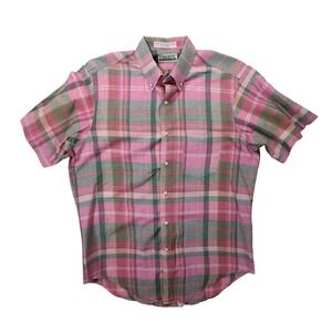 Cricket Short Sleeve Button Up Mens Large Pink Excellent Vintage Madras Plaid